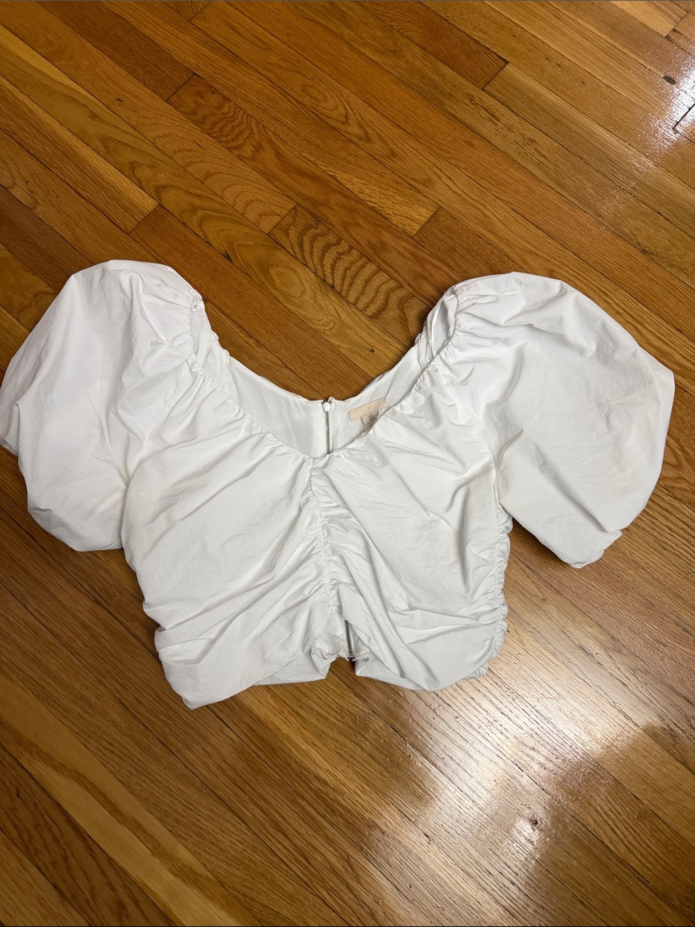 H&M White Puff Sleeve Ruched Crop Blouse